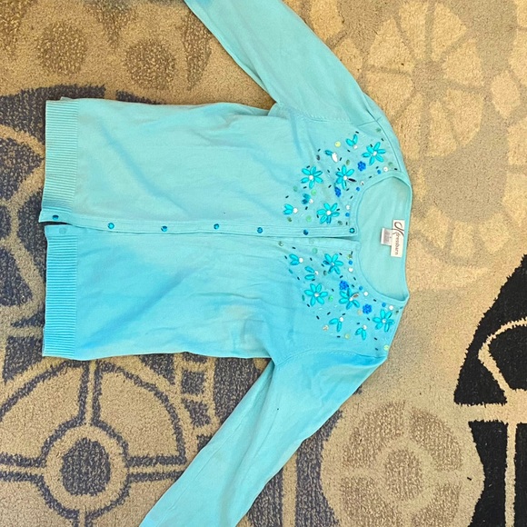 Turquoise bedazzled tank top w/ baby blue cardigan - Picture 1 of 3